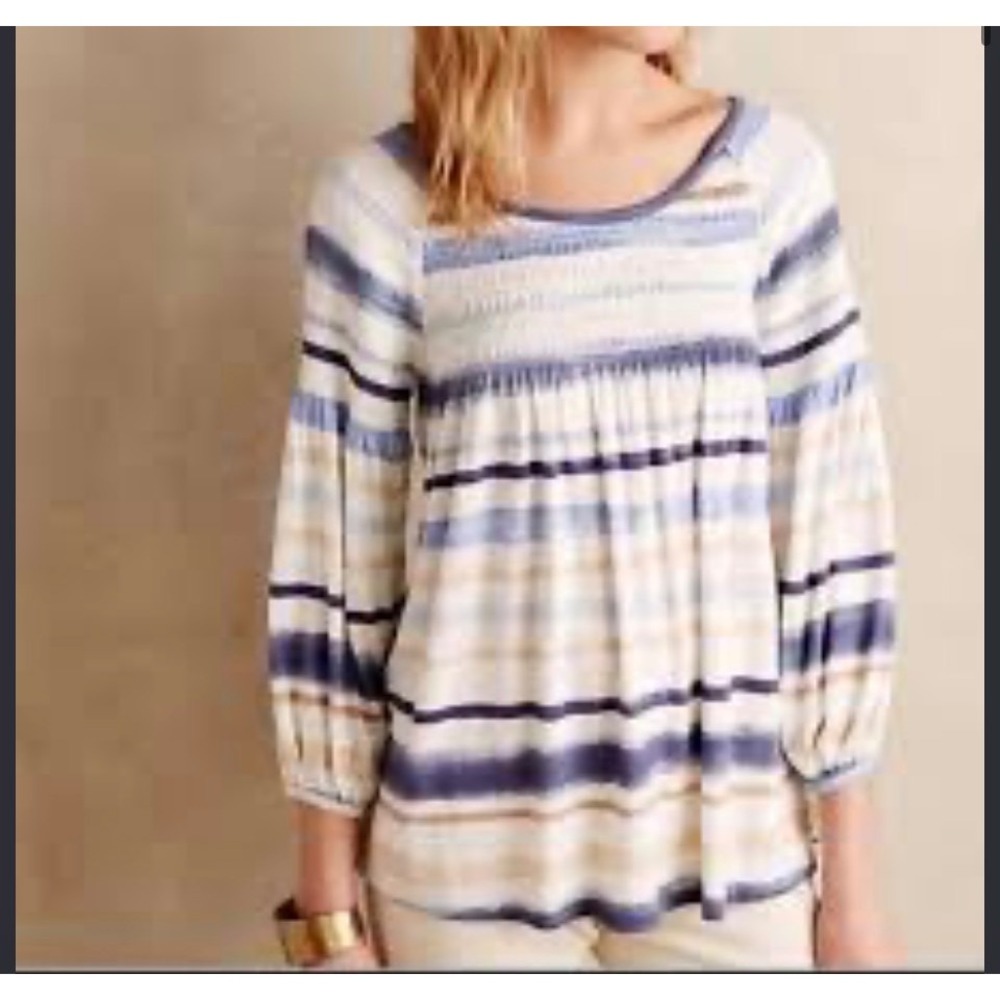 Meadow Rue Korner Blouse Anthropologie XL Blue Striped Smocked Babydoll Top Boho